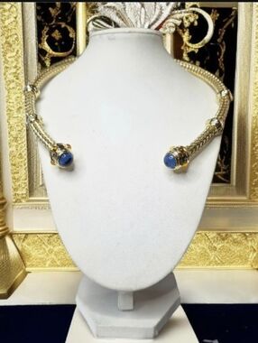 18k Gold Plated Byzantine Braided Cable Sapphire Citrine Glass Torque Necklace